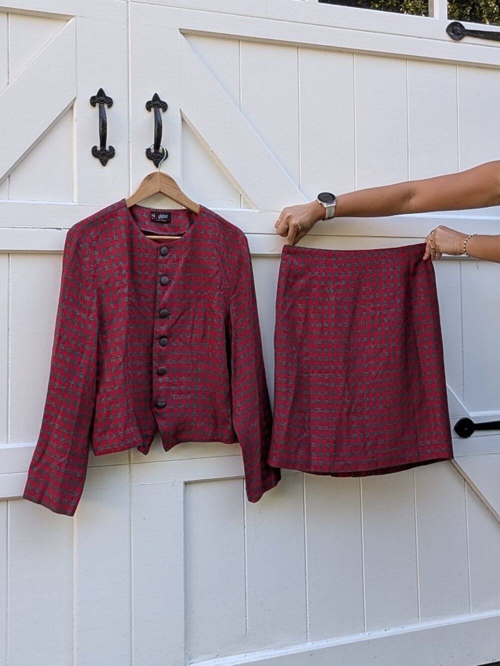 Vintage Christy Girl Red & Gray Houndstooth Tweed 2-Piece Skirt Suit Set S/M